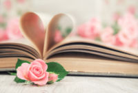 Pages of an old book curved into a heart and roses. Happy Valent